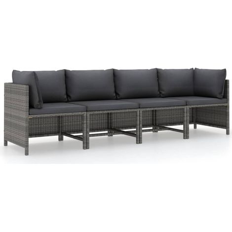 vidaXL 4-Seater Garden Sofa with Cushions Grey Poly Rattan