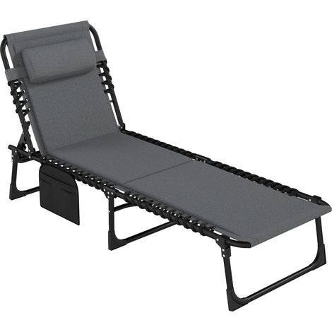 Chaise longue pliante oreiller poche latérale rembourrée étanche, dossier 5 réglages, charge 120 kg, plage jardin, gris foncé