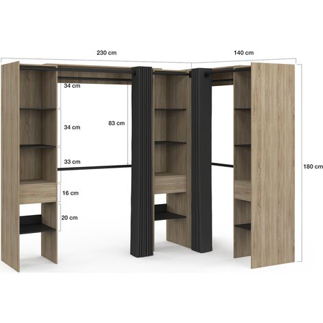 Idmarket – Dressing extensible d'angle 230 x 140 x 180 cm – Bois hêtre et noir – 4 penderies, 12 étagères, 3 tiroirs – Rideaux noirs inclus — vue 4