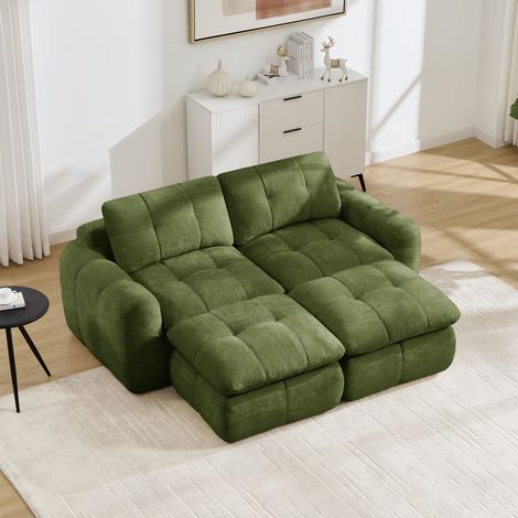 Canapé 2 places modulable en chenille, sans cadre, avec 2 ottomanes, assise large capitonnée, mousse haute densité 32D, Vert, 194 x 160 x 68 cm, sans montage, pour salon et appartement