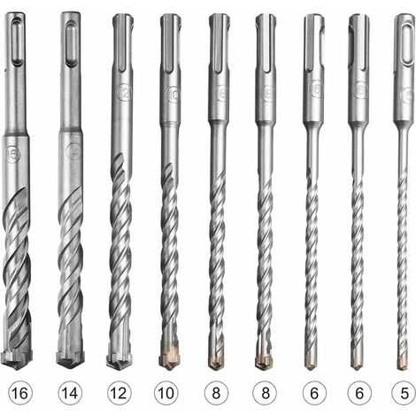 Juego de 9 brocas SDS-Plus para taladro percutor eléctrico, para taladrar piedra, hormigón, ladrillos y baldosas de cerámica (5, 6, 8, 10, 12, 14, 16 x 160 mm) (1/5)