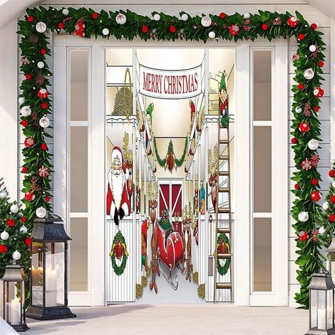 Décorations de Noël avec cloches, nœuds, flocons de neige, Père Noël, banderole « Joyeux Noël » - 90 x 180 cm (perforée + ruban) - 24