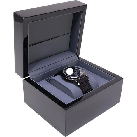 Uhrenbox aus Massivholz, polierte, lackierte Uhrenbox aus Holz für schwarzes Klavier in Lederetui (graue Innenausstattung)