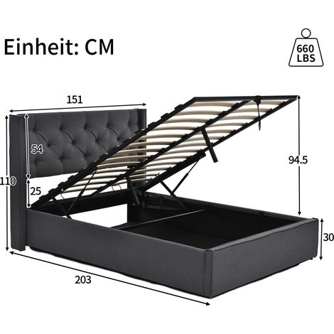 Cadre de lit moderne gris coton 140x200cm avec sommier métallique à lattes et coffre de rangement, lit double hydraulique escamotable (1/4)