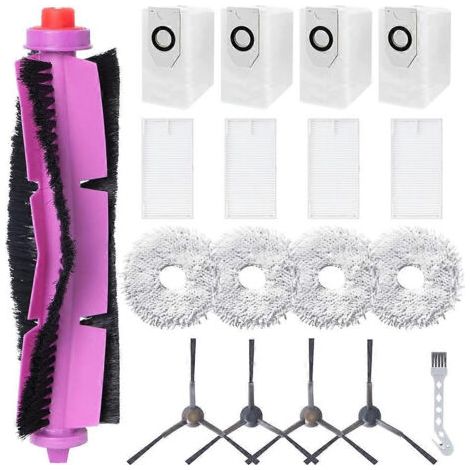 Accessoires et pièces de rechange pour aspirateur robot Eureka J12 Ultra : brosse principale, filtre HEPA, lingette de nettoyage, sac à poussière.