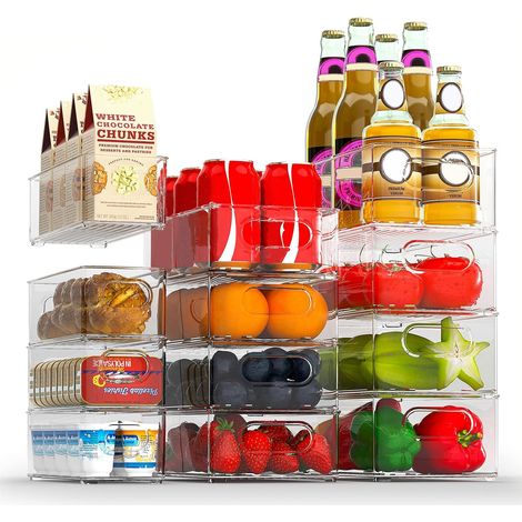 Lot de 12 organiseurs de réfrigérateur (4 petits, 4 moyens, 4 grands) - Boîtes de rangement transparentes empilables pour réfrigérateur, cuisine, garde-manger, armoires, évier, salle de bain (1/5)