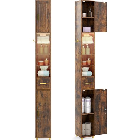 COSTWAY 180 cm Tall Bathroom Cabinet Narrow Storage Organizer w/ 3 Doors-Brown (1/5)