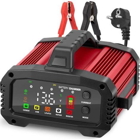 25A Chargeur Batterie Voiture 12V/24V, Chargeur Batterie Lithium avec Réparation Automatique, Écran LCD, Chargeur pour Voiture,Moto,Camion,LiFePO4,AGM, rouge (1/5)