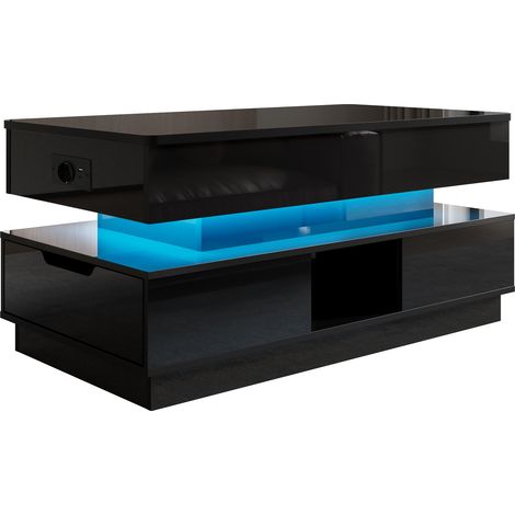 Table basse noire en MDF à plateau relevable avec LED, prise intégrée et rangements (1/5)