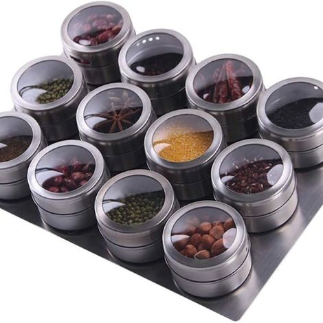 Lot de 12 pots à épices magnétiques en acier inoxydable avec plateau pour la cuisine KLB-AquaForge (1/5)