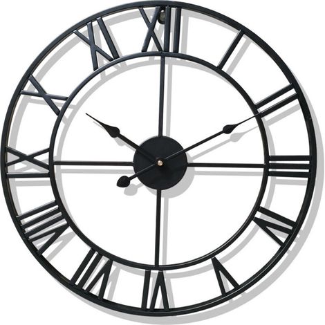 Orologio da parete nero in stile vintage, rotondo, in metallo, praticamente silenzioso, senza ticchettio, con numeri romani, adatto per soggiorno, camera da letto, cucina, come elemento decorativo - C