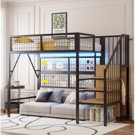 Lit mezzanine métal noir 90x200 cm avec escalier de rangement, penderie ouverte et bande LED contrôlée par application (1/5)