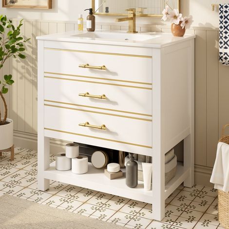 Meuble vasque salle de bain avec vasque céramique, 2 tiroirs, niche ouverte, blanc et doré, compact 76 cm pour petit espace, finition laquée – CHICFURN (1/5)