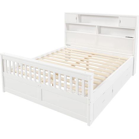 Cama plataforma 160 x 200 cm con almacenaje, LED y puertos USB, blanco, MODENUIT (1/5)