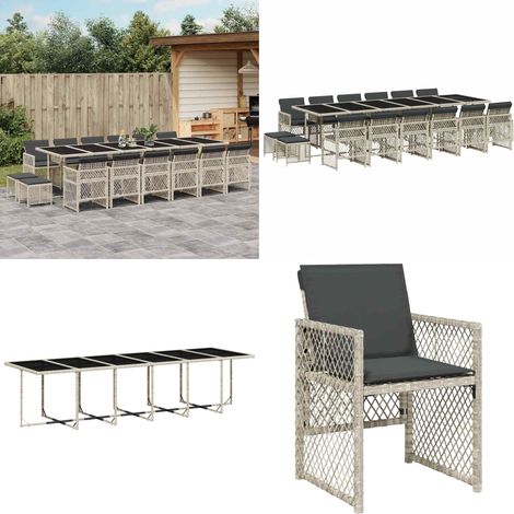 17-tlg. Garten-Essgruppe mit Kissen Hellgrau Poly Rattan - Gartengruppe - Gartenmöbel Set - Esstisch - Gartenstühle - Gartenhocker - Home & Living