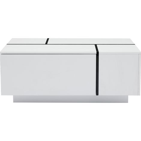 Table basse carrée blanche moderne avec 4 tiroirs et plateau coulissant, surface haute brillance, 100 x 60 x 40 cm (1/5)