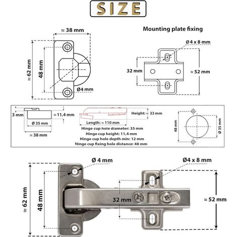 2 charnières Invisibles 90° clipsable - pour porte de meuble d'angle à une seule porte - avec amortisseur et clip - ouverture de montage 35mm-DPZO
