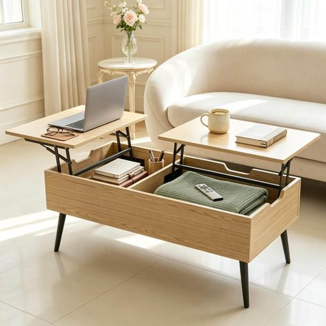 Table basse relevable avec plateau effet bois et pieds métalliques noirs, rangement dissimulé (1/5)