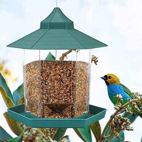 Mangeoire à oiseaux sauvages, tonnelle hexagonale en plastique à suspendre avec toit pour extérieur, terrasse, jardin, cour, décoration 20 x 20 cm (1/5)