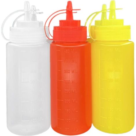 450-ml-Quetschflaschen für Soßen – 6er-Set wiederverwendbare Flaschen aus weichem Kunststoff, ideal für Ketchup, Senf und Mayonnaise – Weiß, Gelb, Rot