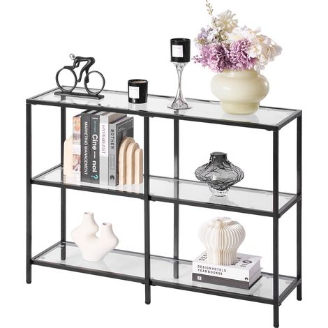 Table Console en Verre 3 Niveaux, Table d'Appoint Rectangulaire Moderne, Bout de Canapé avec Plateau en Verre Trempé, Pieds en Fer et Dispositif Anti-basculement, Entrée Salon Couloir, Noir (1/5)