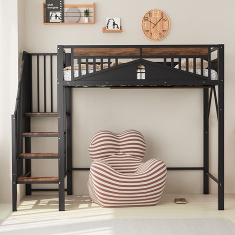 Lit mezzanine métal 90×200cm noir,clôture sécurité fenêtre,échelle,espace sous lit avec couverture tissu gratuite