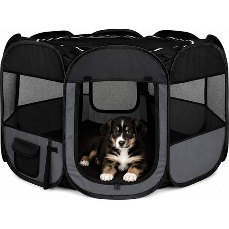 lionto Welpenauslauf mit Pop-up-System, faltbarer Freilaufstall für Hunde & Kleintiere, 110 cm Durchmesser, 64 cm Höhe, schwarz/grau (1/5)