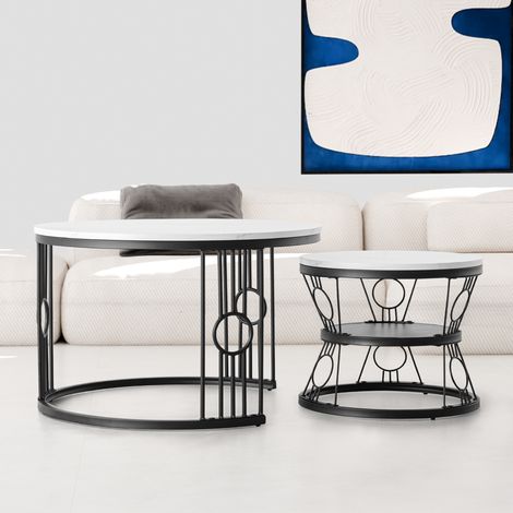 Table basse 70x70x45 cm blanche en MDF et métal noir, lot de 2 empilable, gain de place (1/5)
