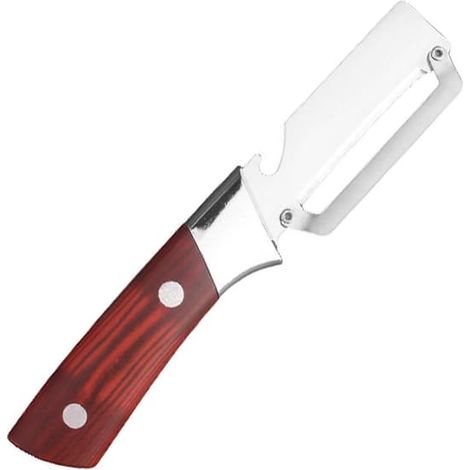 Éplucheur à légumes 3 en 1 en acier inoxydable avec manche en bois et ouvre-bouteille, ustensiles de cuisine et de camping, marron foncé (1/5)