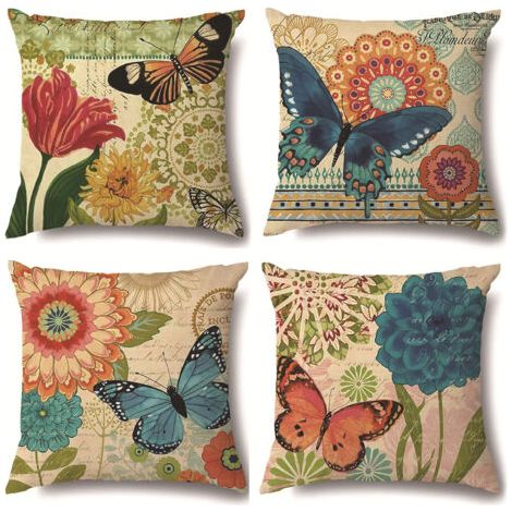 royaluxe-Lot de 4 housses de coussin carrées en lin 45x45cm – motifs papillons et fleurs aquarelle vintage, pour salon/canapé/chambre, décoration bohème (1/5)