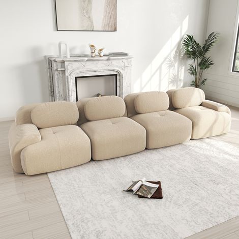 Canapé 4 places velours côtelé moelleux, sans cadre, housse 32D haute résilience, ergonomique, anti-animaux, livré compact sous vide, modulable, sans assemblage, salon et bureau, teinte beige. (1/5)