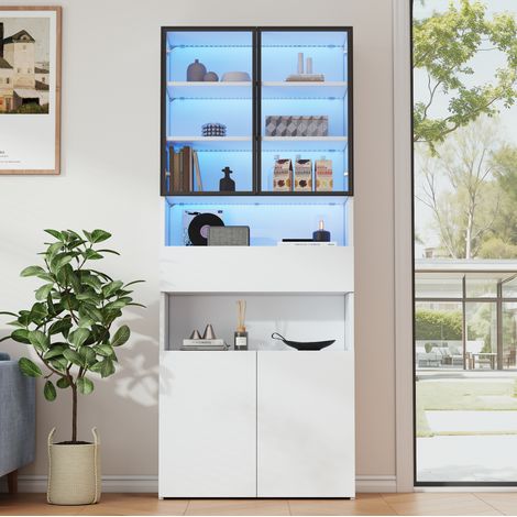 Vetrina 70 x 30 x 200 cm, bianca, con ante in vetro, cassetto e LED (1/5)