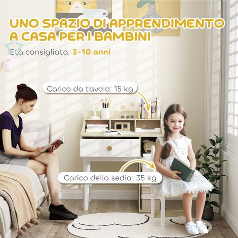 Ensemble enfant bureau blanc et bois naturel avec chaise, étagère et tiroir, pour âge 3-10 ans