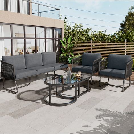 Garten-Lounge-Set aus Eisen 5-Sitzer grau mit Kissen und Glastischen (1/5)