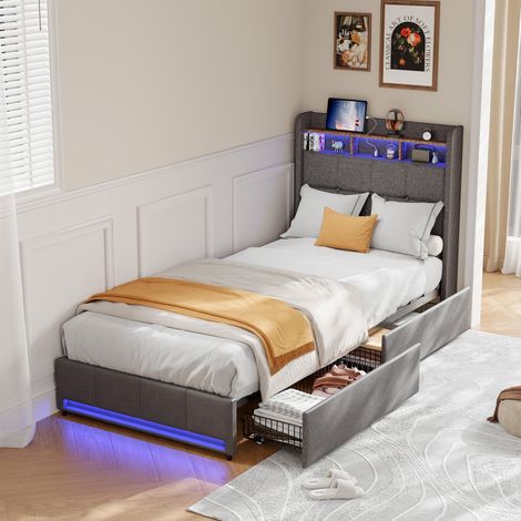 Lit 90x200 avec Sommier - SUNFECILI - Lit Simple avec LED - USB - 2 tiroirs - tête de lit rangement - Cadre de Lit Enfant - Lin Gris (1/5)