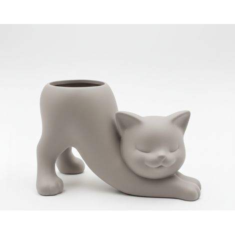 Pot de fleurs gris en forme de chat qui s'étire, pour plantes grasses et cactus. (1/3)