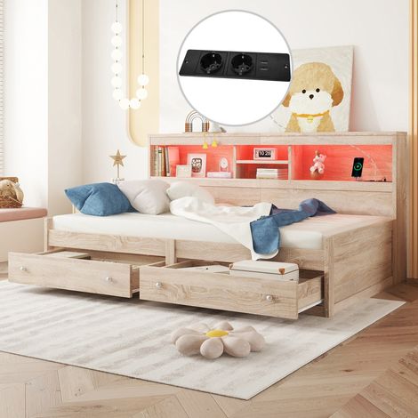 Schlafsofa 90×200cm Tagesbett Kinderbett mit LED-Leuchten, Daybett Holzbett mit Stauraum & Steckdose + USB, Natur(Ohne Matratze) (1/5)