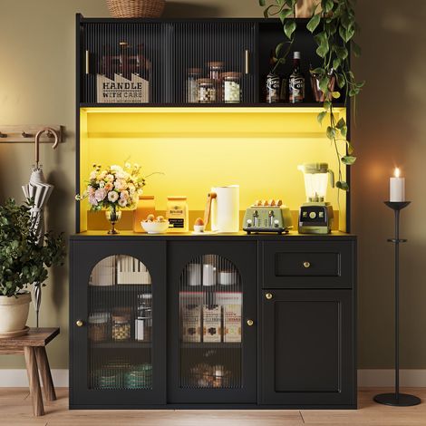 Buffet haut noir 120x40x180cm, meuble de cuisine avec étagères réglables et LED intégrée (1/5)