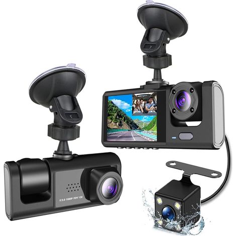 Dash CAM 3 Cámaras 1080P + 720P + 480p Delantero y Trasero Interior, Espejo Retrovisor para Coche Grabación de Video para Coche Videocámara Visión Nocturna