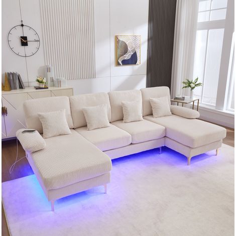 Divano angolare a U, divano da 4 posti con illuminazione LED, porta USB-C, 4 cuscini, in velluto, beige (1/5)