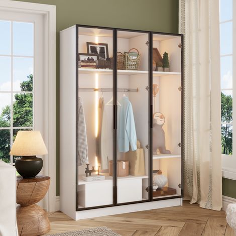 Weißer Kleiderschrank 110 x 50 x 160 cm mit 3 Glastüren, 1 Schublade, Kleiderstange und LED (1/5)