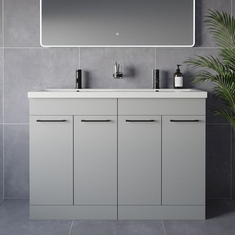 Napoli 390 Gloss Grey Pearl 1200mm 4 Door Vanity Unit with Double Glide Basins - 1200mm - Matt Black 160mm Handle