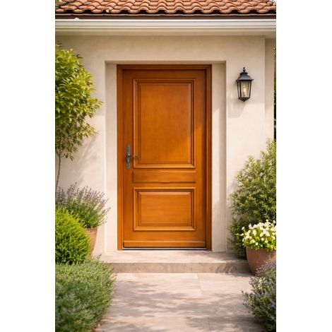 Puerta de entrada de madera maciza color azafrÃ¡n, h. 215 x 90 cm, lado del tablero derecho, pomo, cilindro, GD MENUISERIES