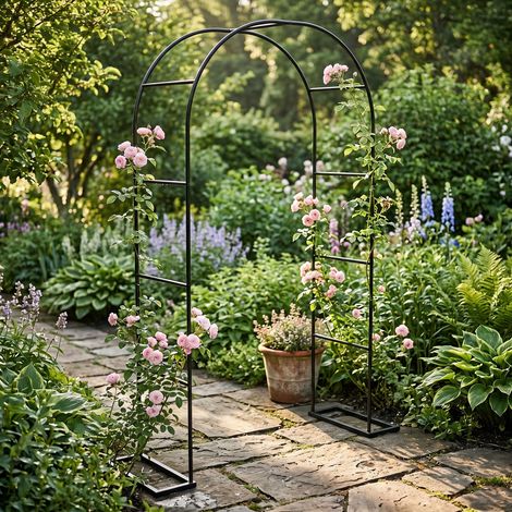 Kiros - Arco Floreale Da Giardino con Base Lunghezza e Altezza Regolabili Supporto per piante in Metallo Nero (1/4)