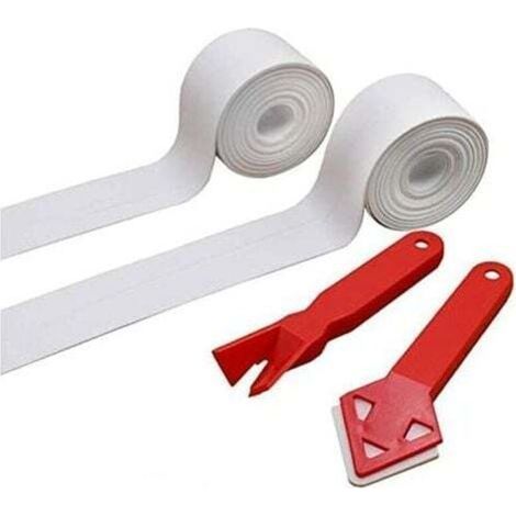 Sealing Tape,2 Rolls Shower Strip Tape+2 Caulking Tool Bathroom Silicone Seal Tape Self-Adhesive PE Bathtub for Corner Bath Toilet Kitchen (1/4)