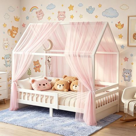 Lot de 2 baldaquins pour lit de maison - En mousseline - Doux et respirant - Décoration pour chambre d'enfant - Pour filles et garçons - 135 x 350 cm - Tissu rose (1/5)