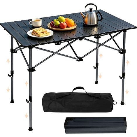 Table de Camping Pliante avec Dessus Enroulable, Réglable en Hauteur 95x55X (50-80) cm, Table Pliante de Pique-Nique avec Sac de Transport pour Camping Pique-Nique Barbecue Jardin (1/5)