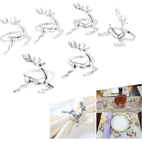 Lot de 6 ronds de serviette de Noël en forme de renne, argentés, pour table de mariage. (1/5)