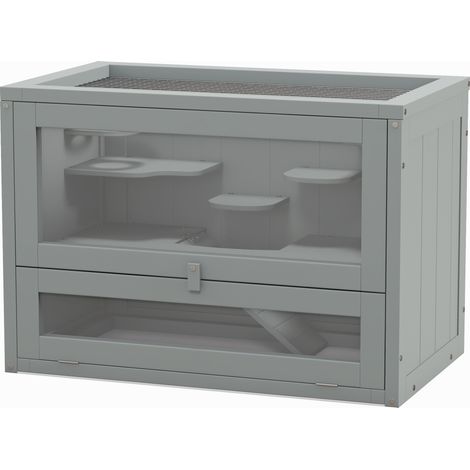 Cage pour hamsters souris petits rongeurs avec rampe plateformes toit ouvrant grillage 60 x 35 x 42 cm gris