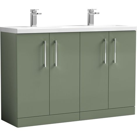 Balterley Bramshall 1200mm Floor Standing 4 Door Double Basin Vanity Unit for Modern Bathroom Storage - Satin Green